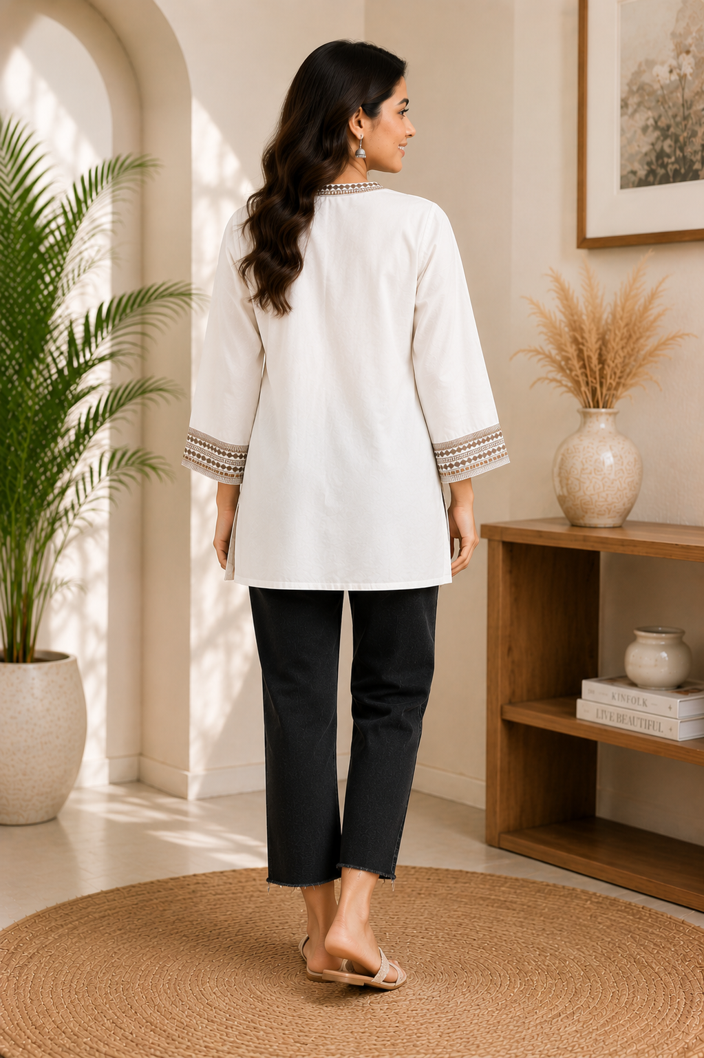 Ivory Floral Embroidered Rayon Flared Kurta