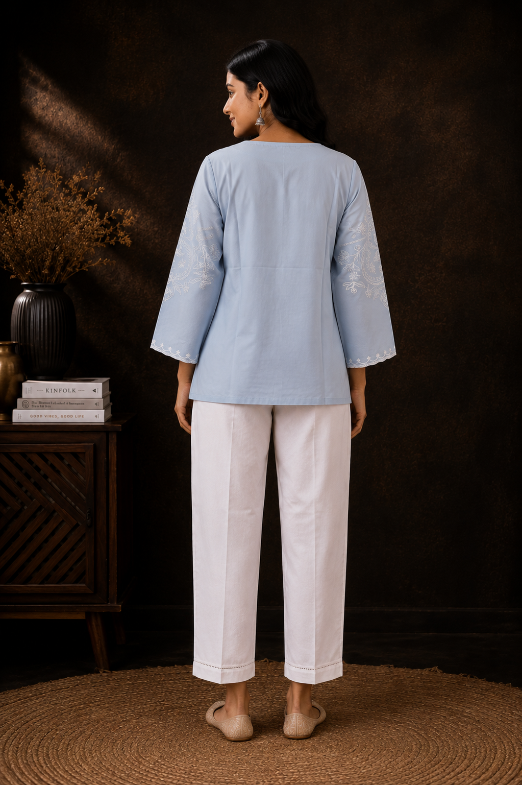 Sky Blue Rayon Embroidered Short Kurta with Tassel Detail