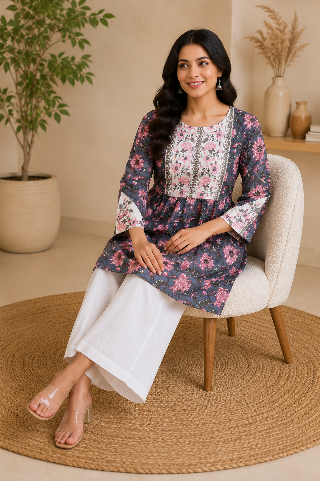 Navy Floral Embroidered Pure Cotton Flared Kurta