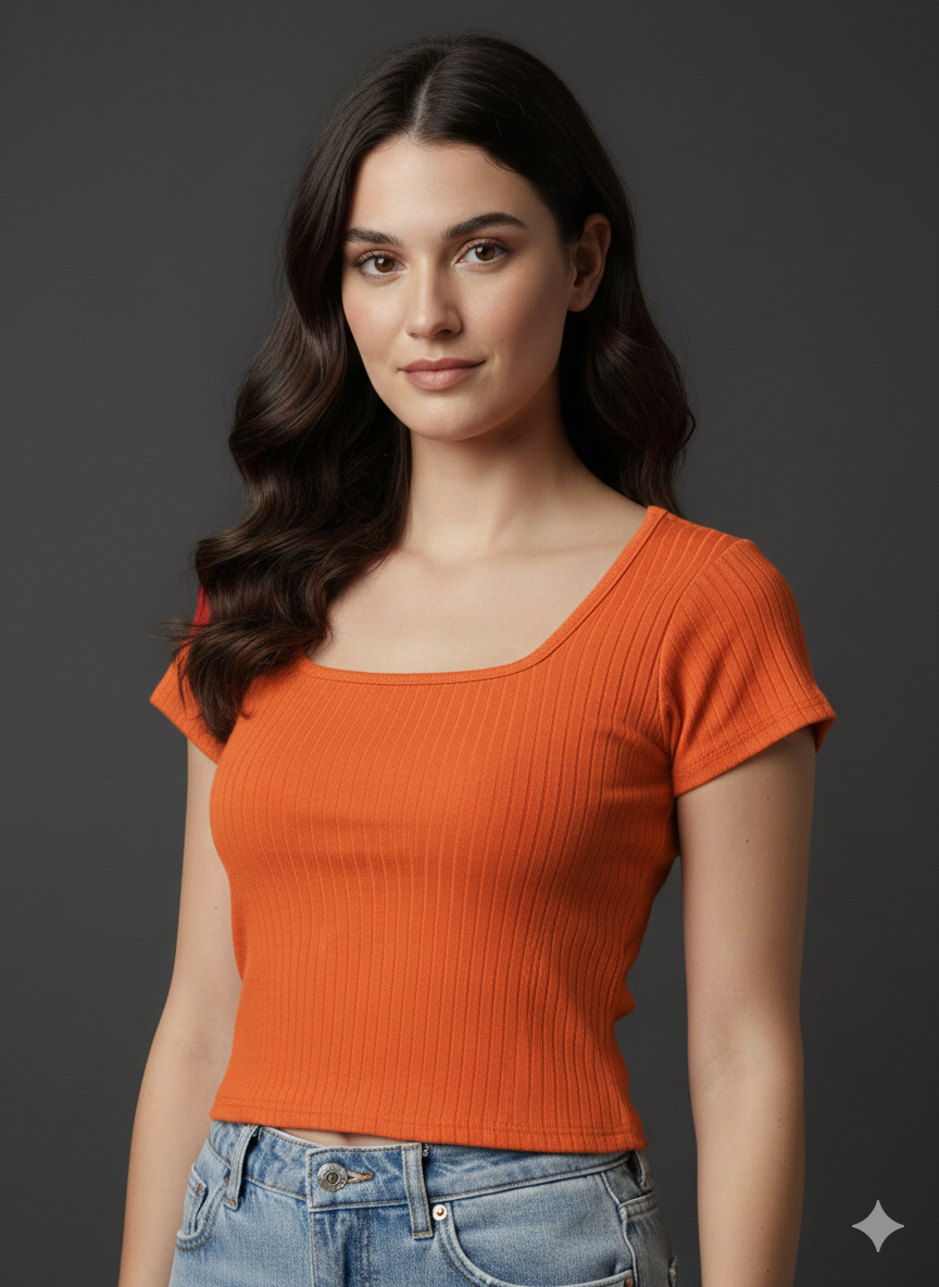Women's Cotton Ribbed Scoop Neck Crop Top | Slim Fit Half Sleeve Solid Orange Tee
