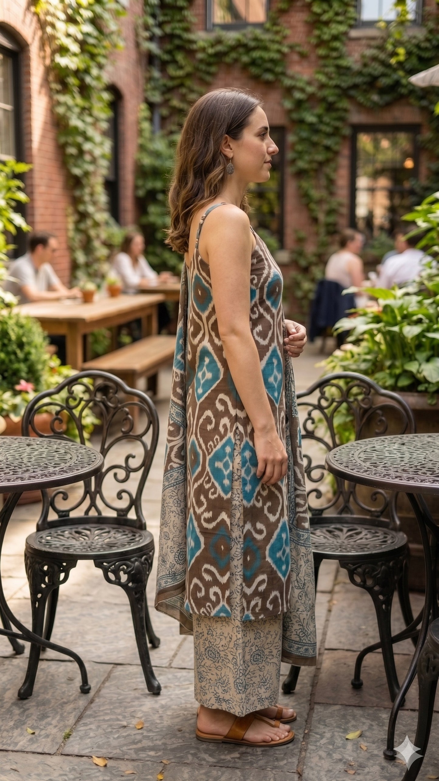 Brown & Teal Printed Strappy Kurta with Palazzo & Dupatta Set