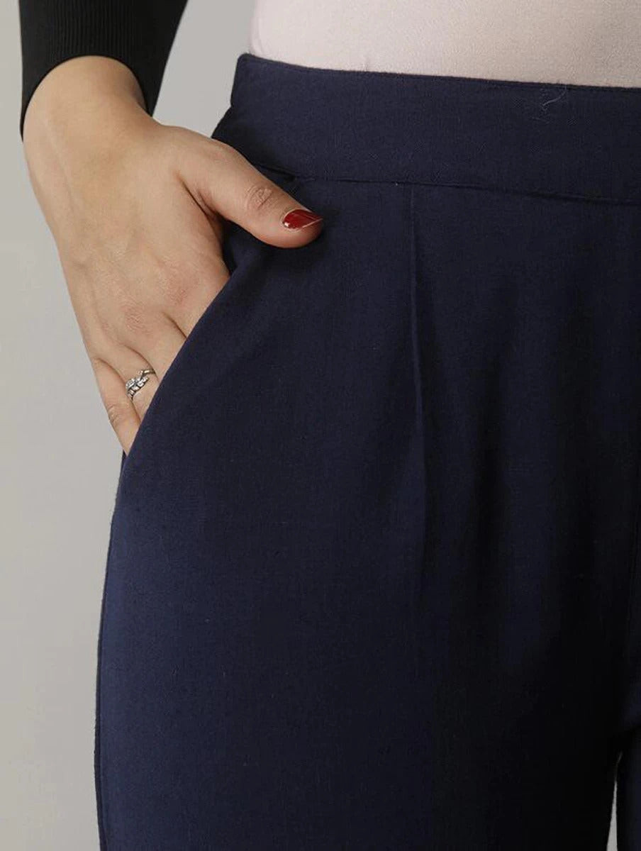 Women's Solid Navy Blue Cotton Trousers with Pockets