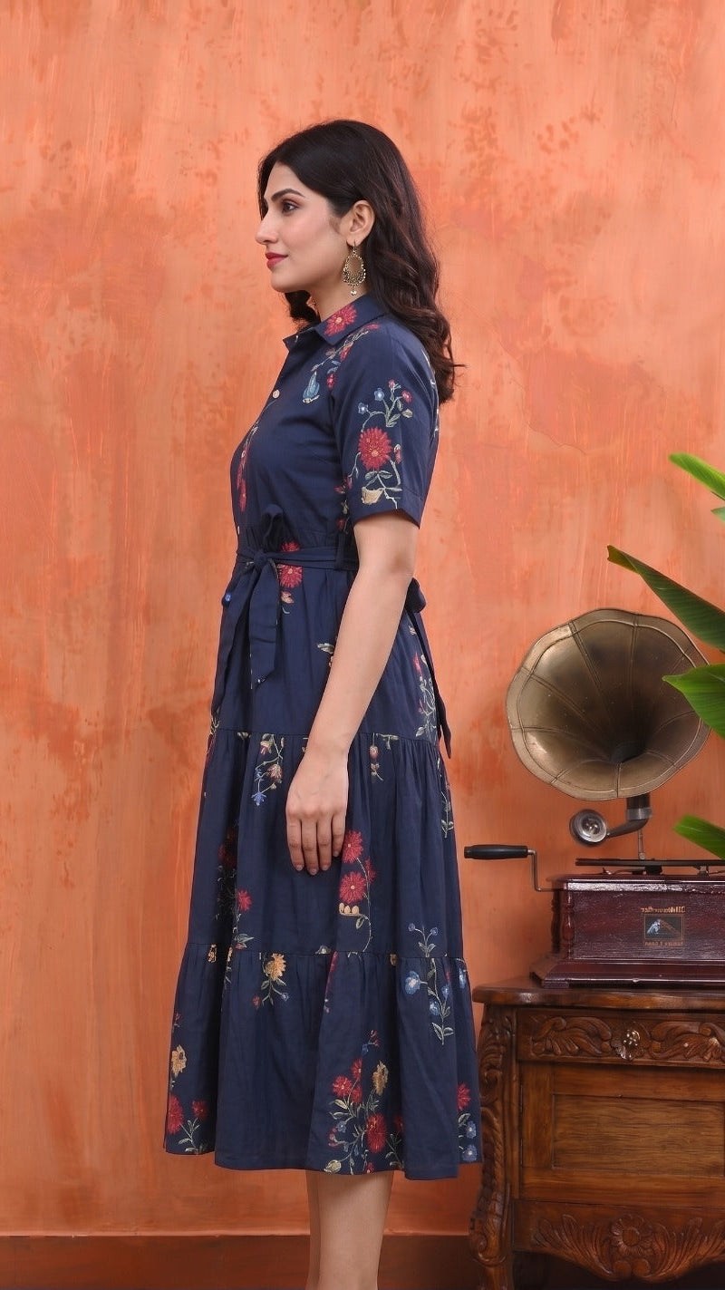 Cotton Floral Printed Tiered A-Line Midi Dress