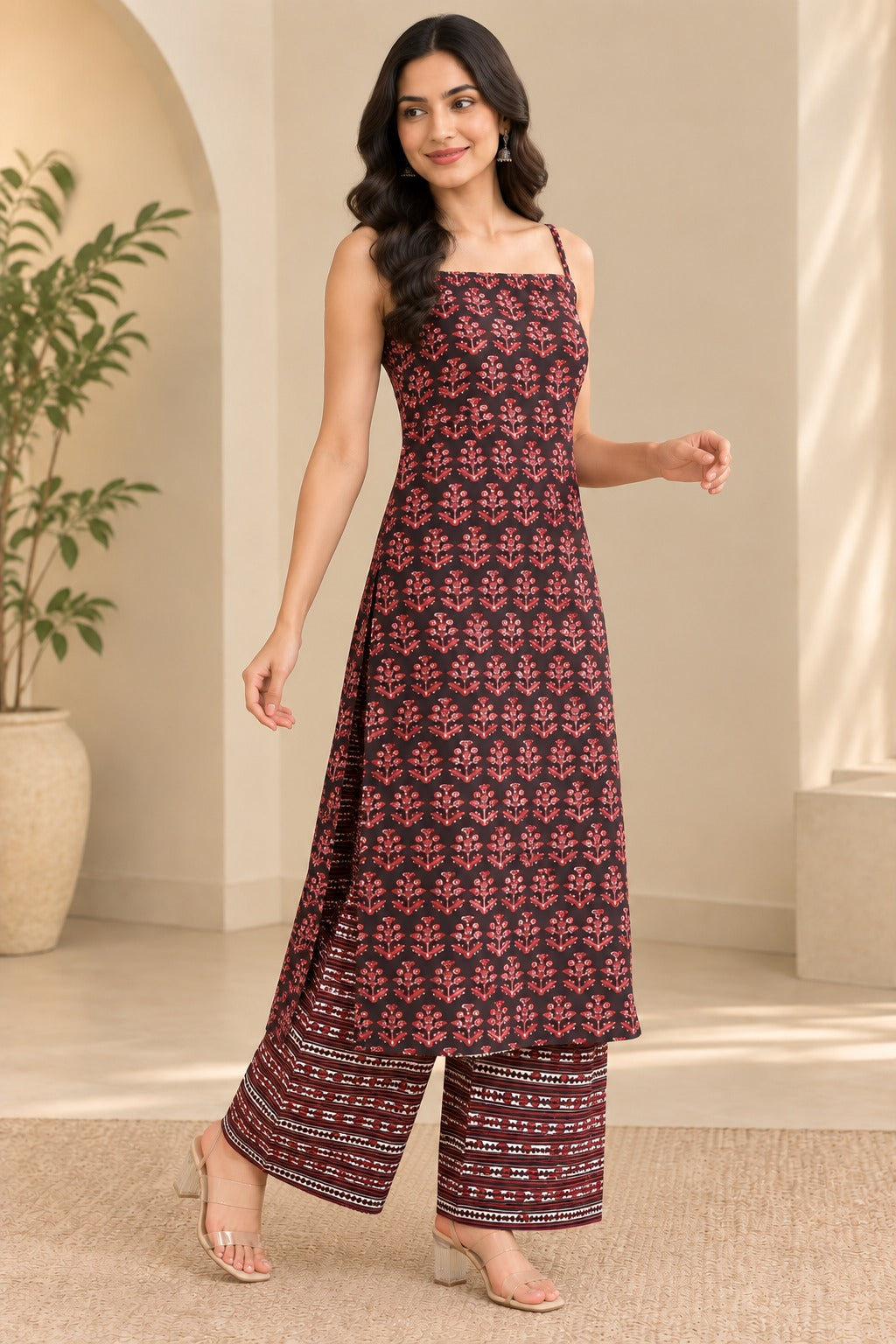 Black & Pink Printed Kurta Set with Palazzo