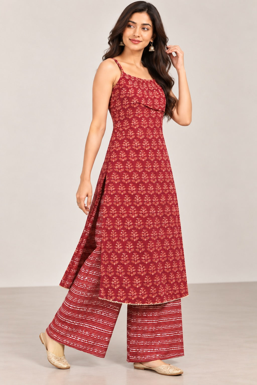 Maroon Printed Kurta Set with Palazzo