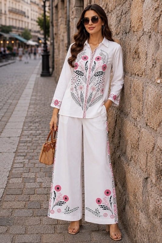 Cloth Bites Women White Floral Embroidered Cotton 60-60 Co-ord Set with Lining