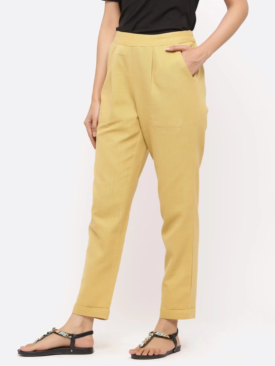 Women's Beige Cotton Trousers with Pockets