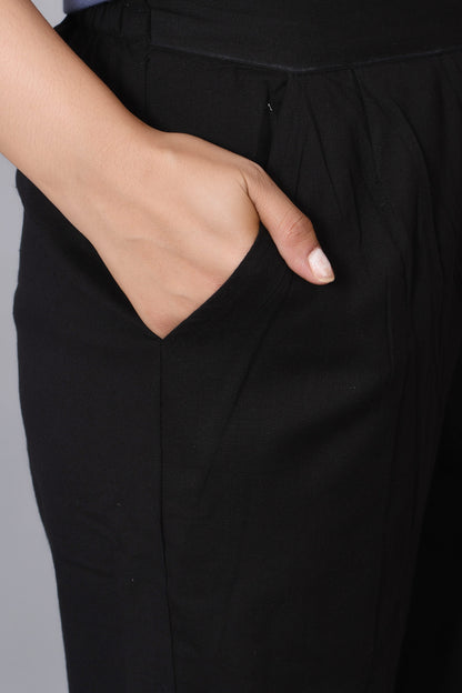 Women's Solid Black Cotton Trousers with Pockets