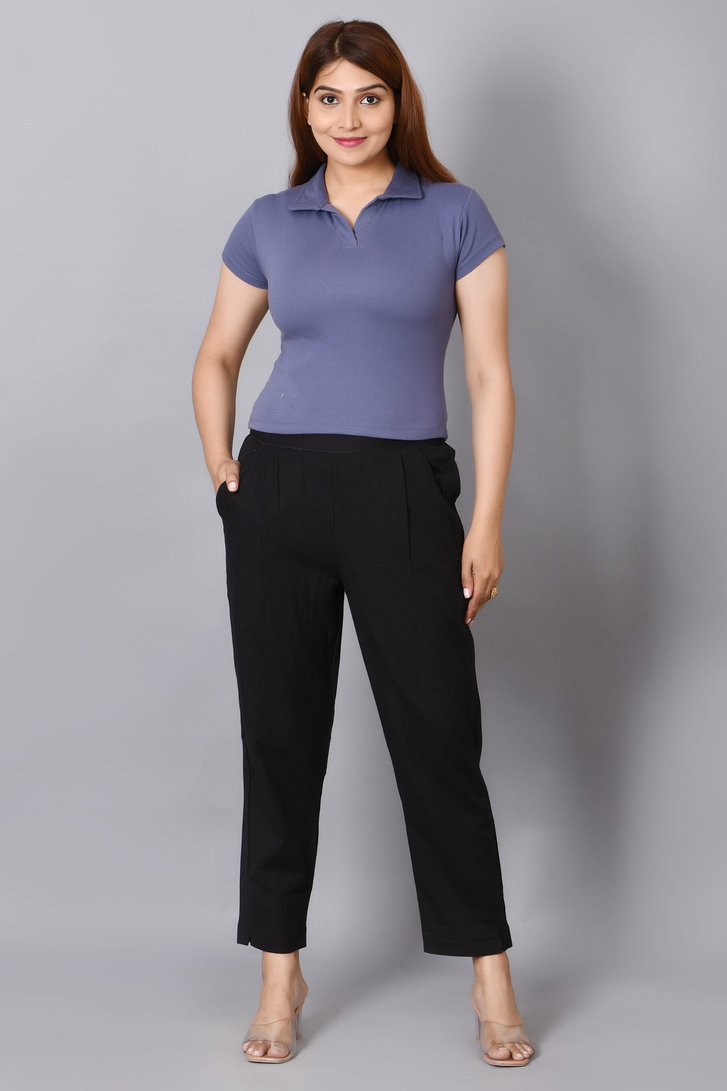 Women's Solid Black Cotton Trousers with Pockets