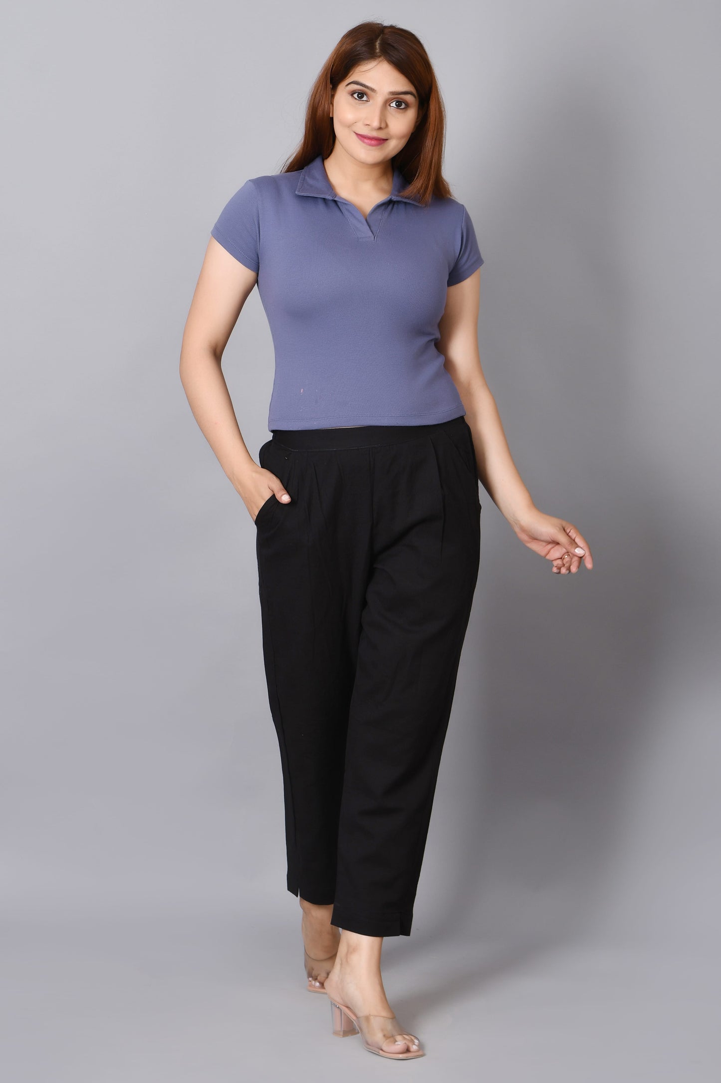 Women's Solid Black Cotton Trousers with Pockets