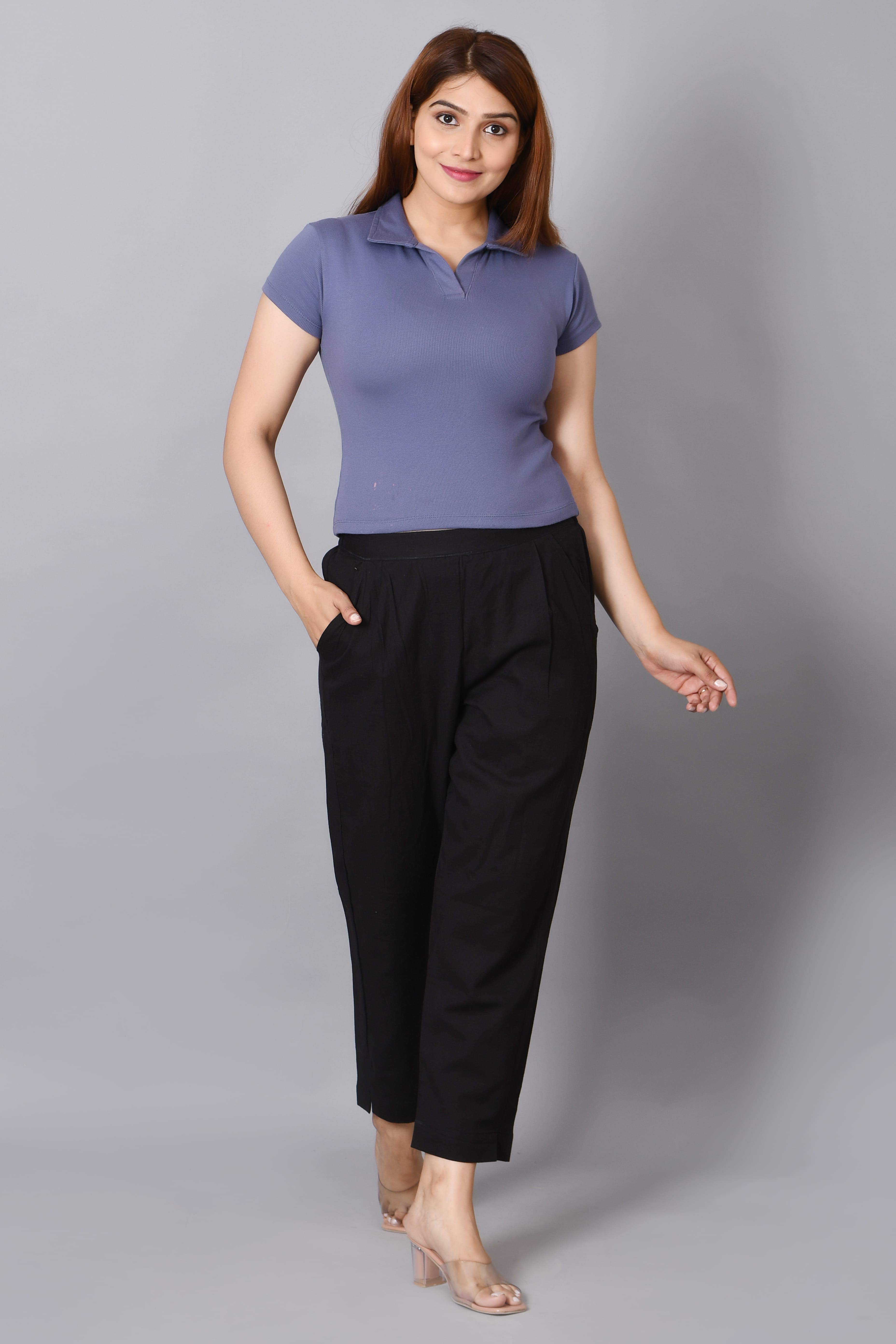 Women's Solid Black Cotton Trousers with Pockets | Comfort Fit Ankle Length Trouser