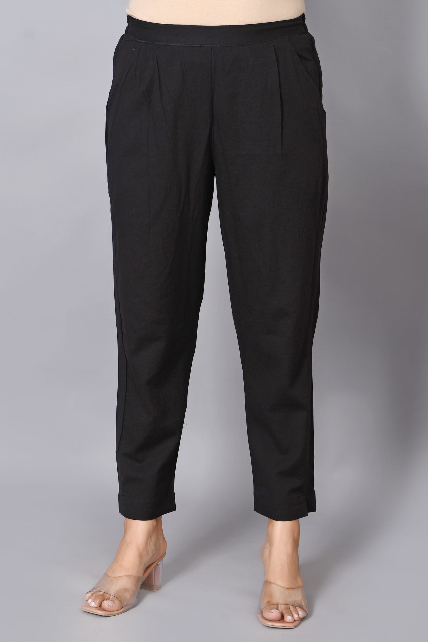 Women's Solid Black Cotton Trousers with Pockets