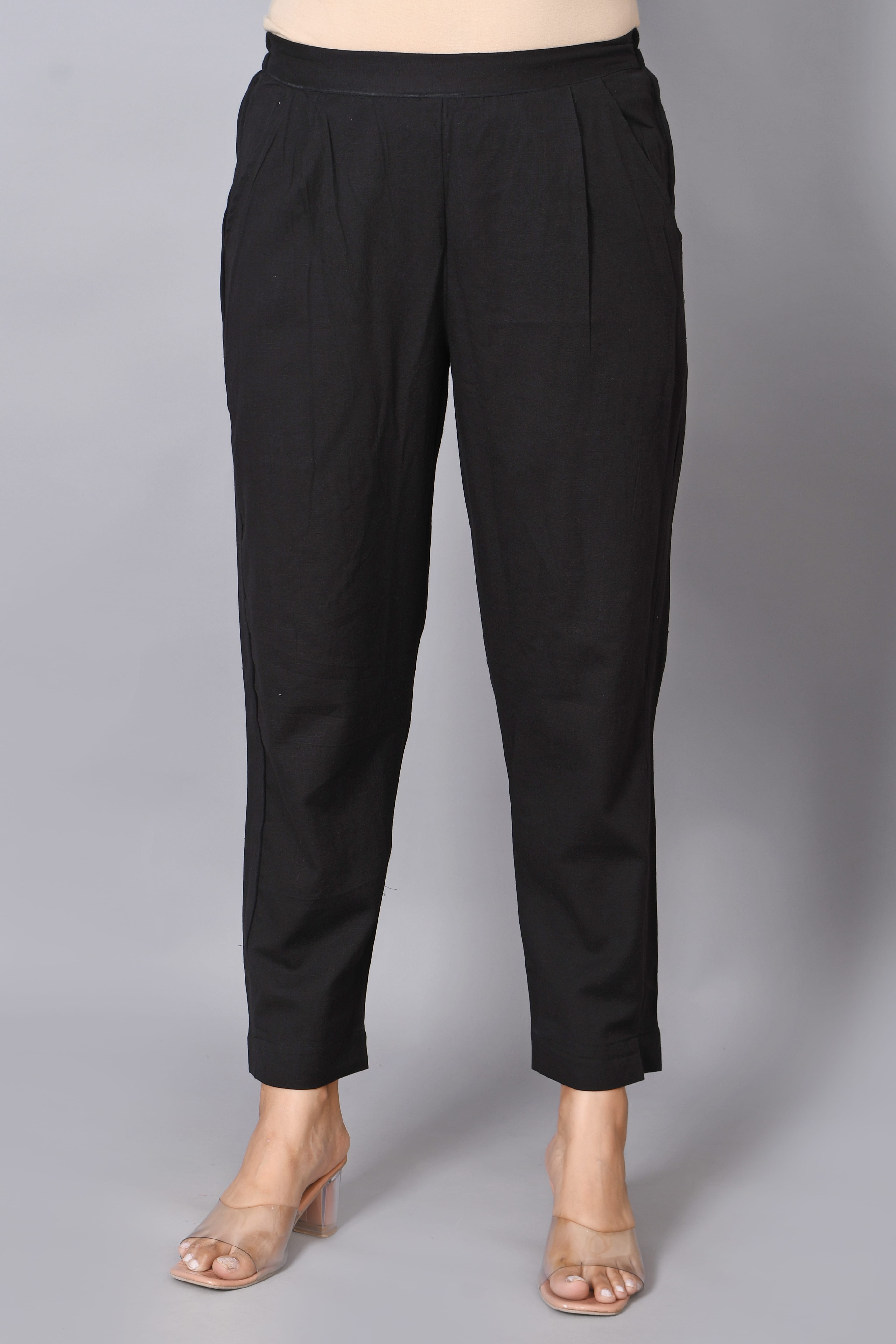 Women's Solid Black Cotton Trousers with Pockets | Comfort Fit Ankle Length Trouser