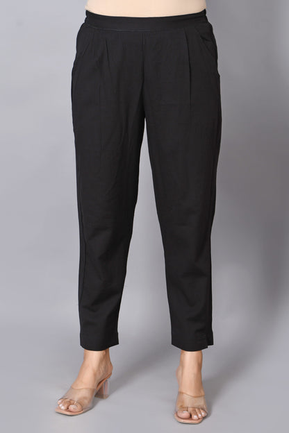 Women's Solid Black Cotton Trousers with Pockets