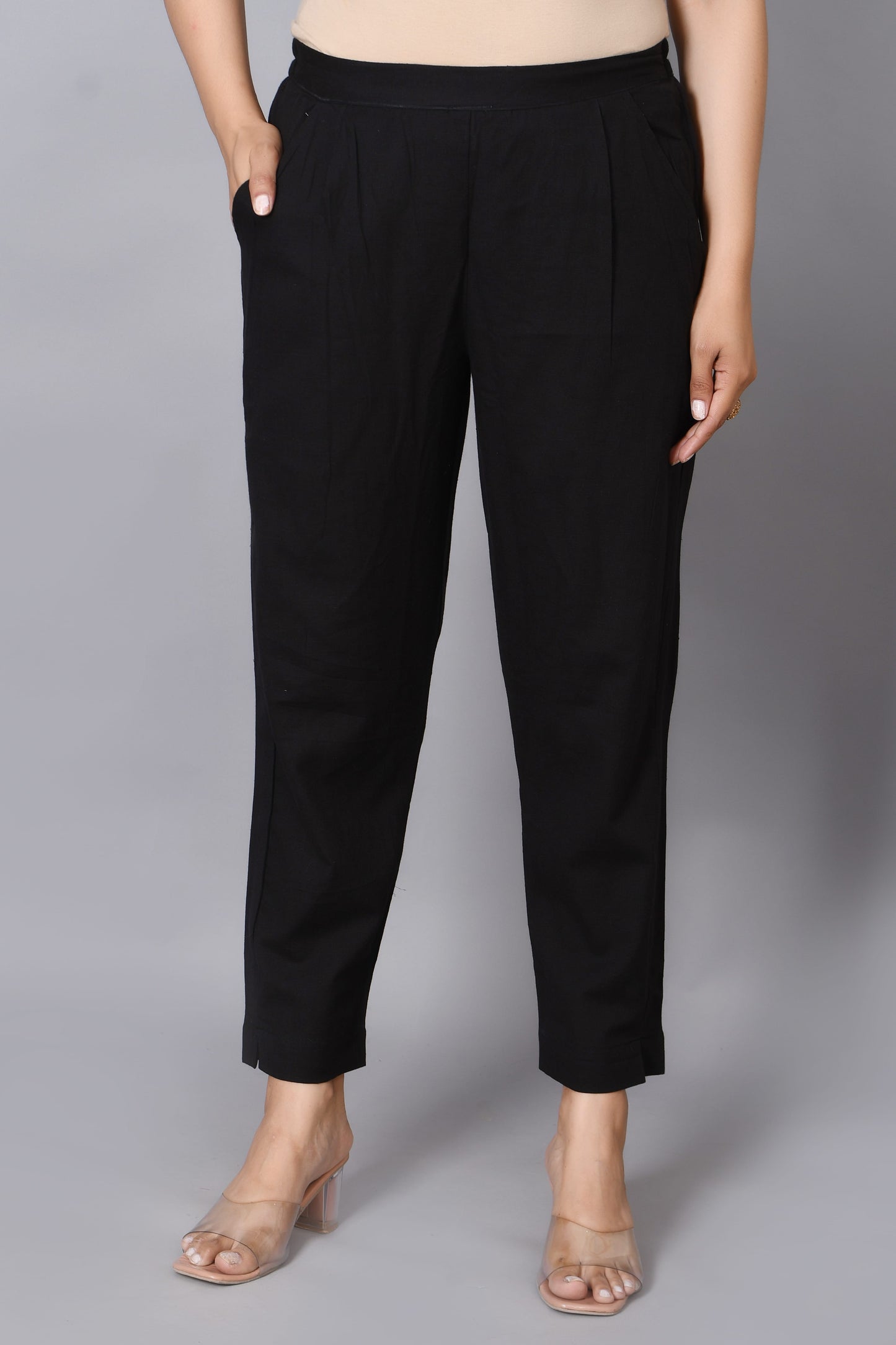 Women's Solid Black Cotton Trousers with Pockets