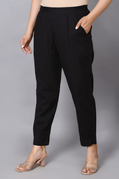 Women's Solid Black Cotton Trousers with Pockets