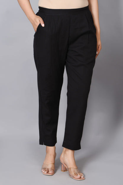Women's Solid Black Cotton Trousers with Pockets