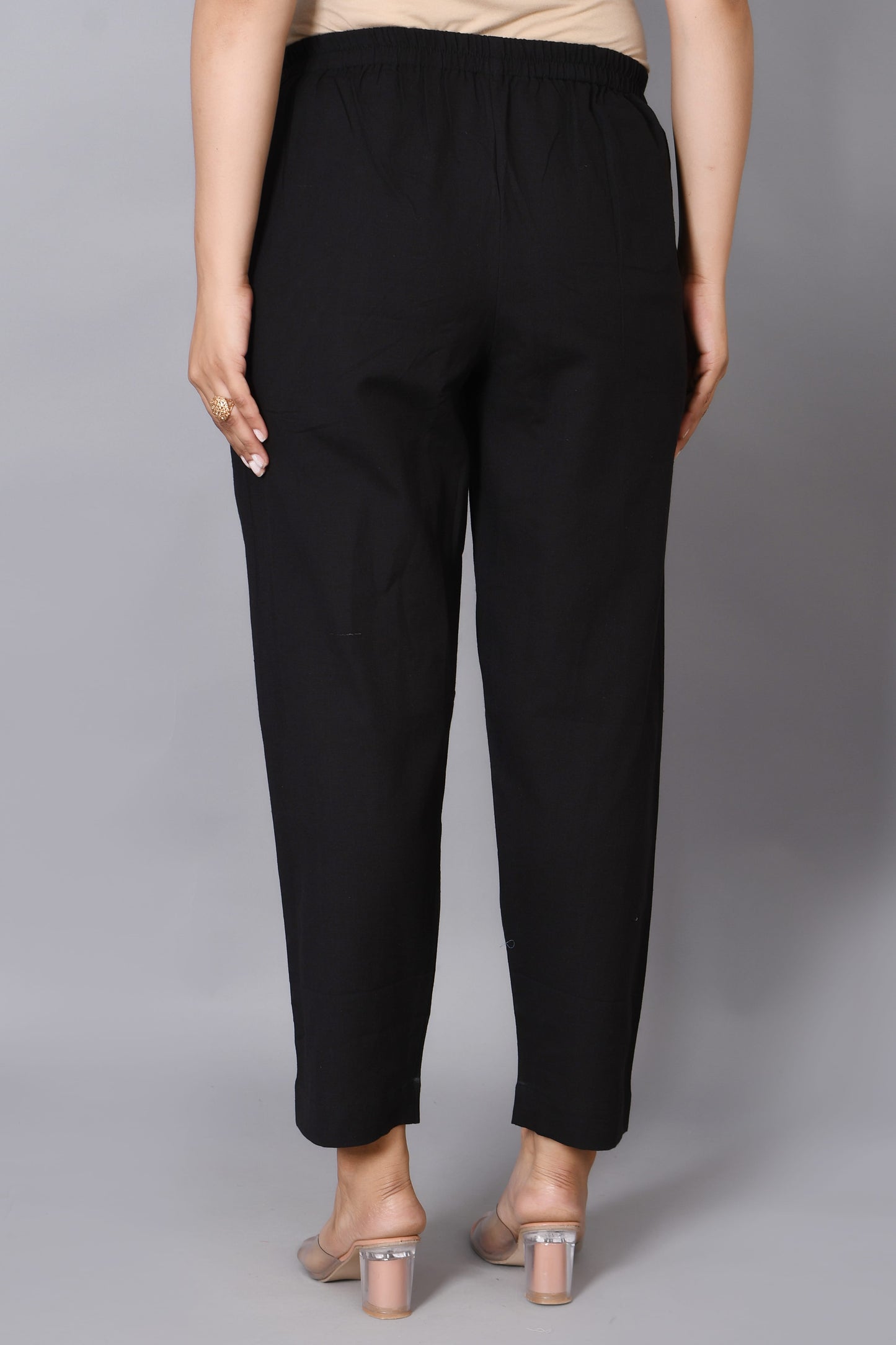 Women's Solid Black Cotton Trousers with Pockets