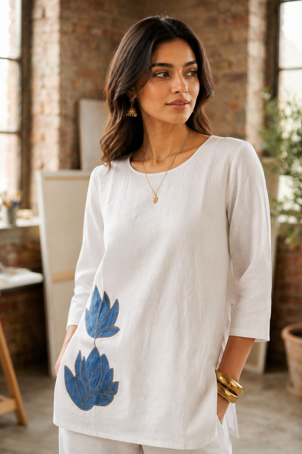 Elegant White Cotton Flex Co-Ord Set with Blue Floral Embroidery