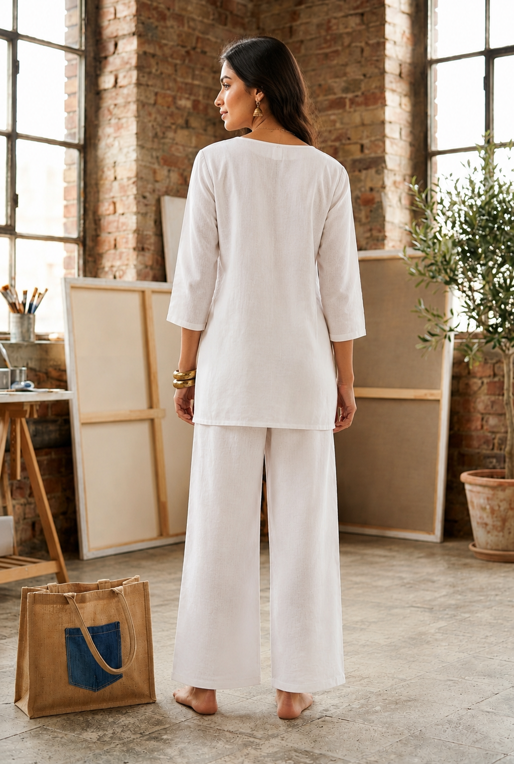 Elegant White Cotton Flex Co-Ord Set with Blue Floral Embroidery