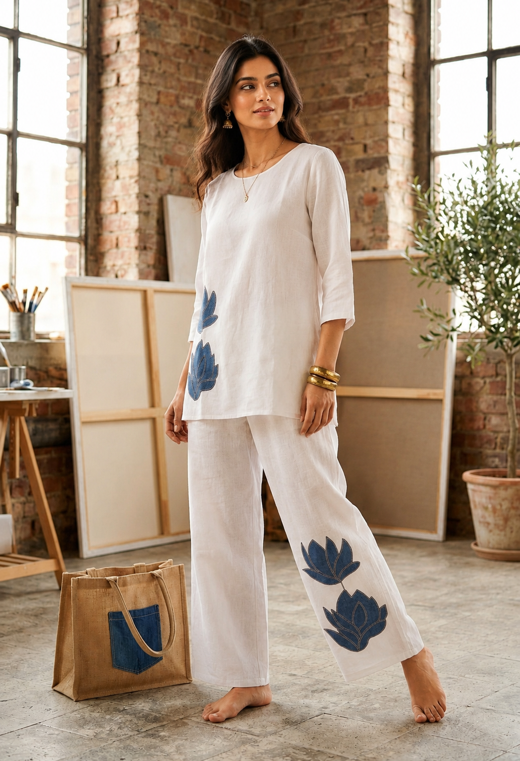 Elegant White Cotton Flex Co-Ord Set with Blue Floral Embroidery