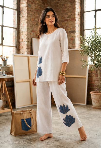 Elegant White Cotton Flex Co-Ord Set with Blue Floral Embroidery