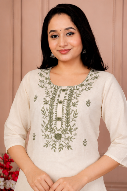 Women’s Cotton Flex Embroidered Co-Ord Set – Ivory Green