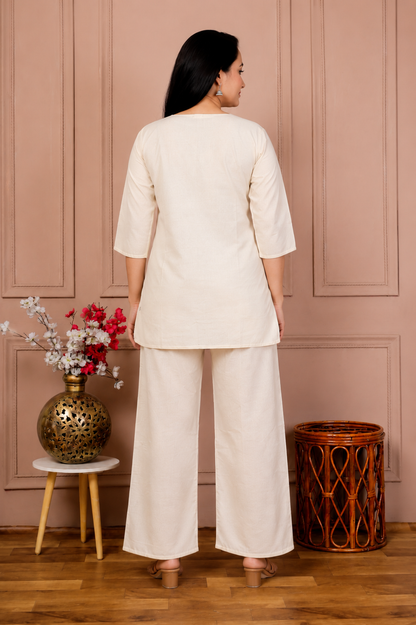 Women’s Cotton Flex Embroidered Co-Ord Set – Ivory Green