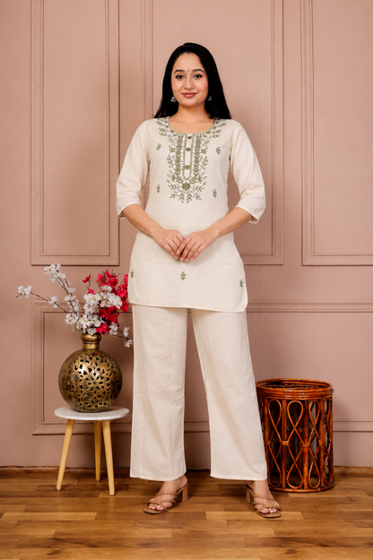 Women’s Cotton Flex Embroidered Co-Ord Set – Ivory Green