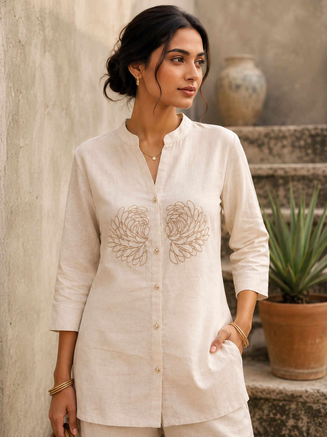 Cream Cotton Flex Embroidered Co-Ord Set for Women