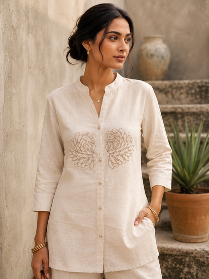 Cream Cotton Flex Embroidered Co-Ord Set for Women