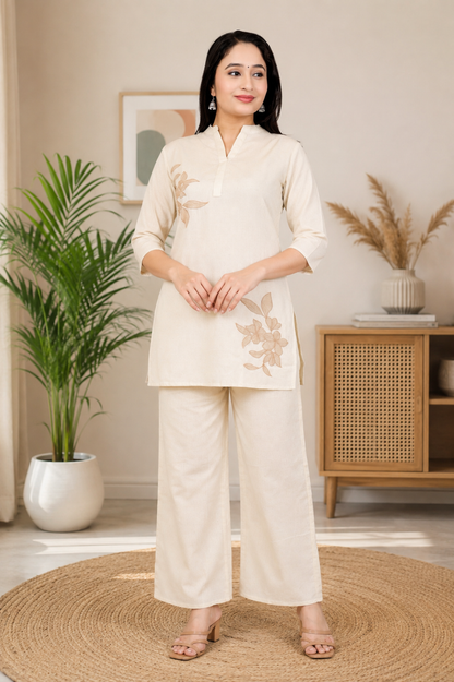 Women’s Cotton Flex Embroidered Co-Ord Set – Cream
