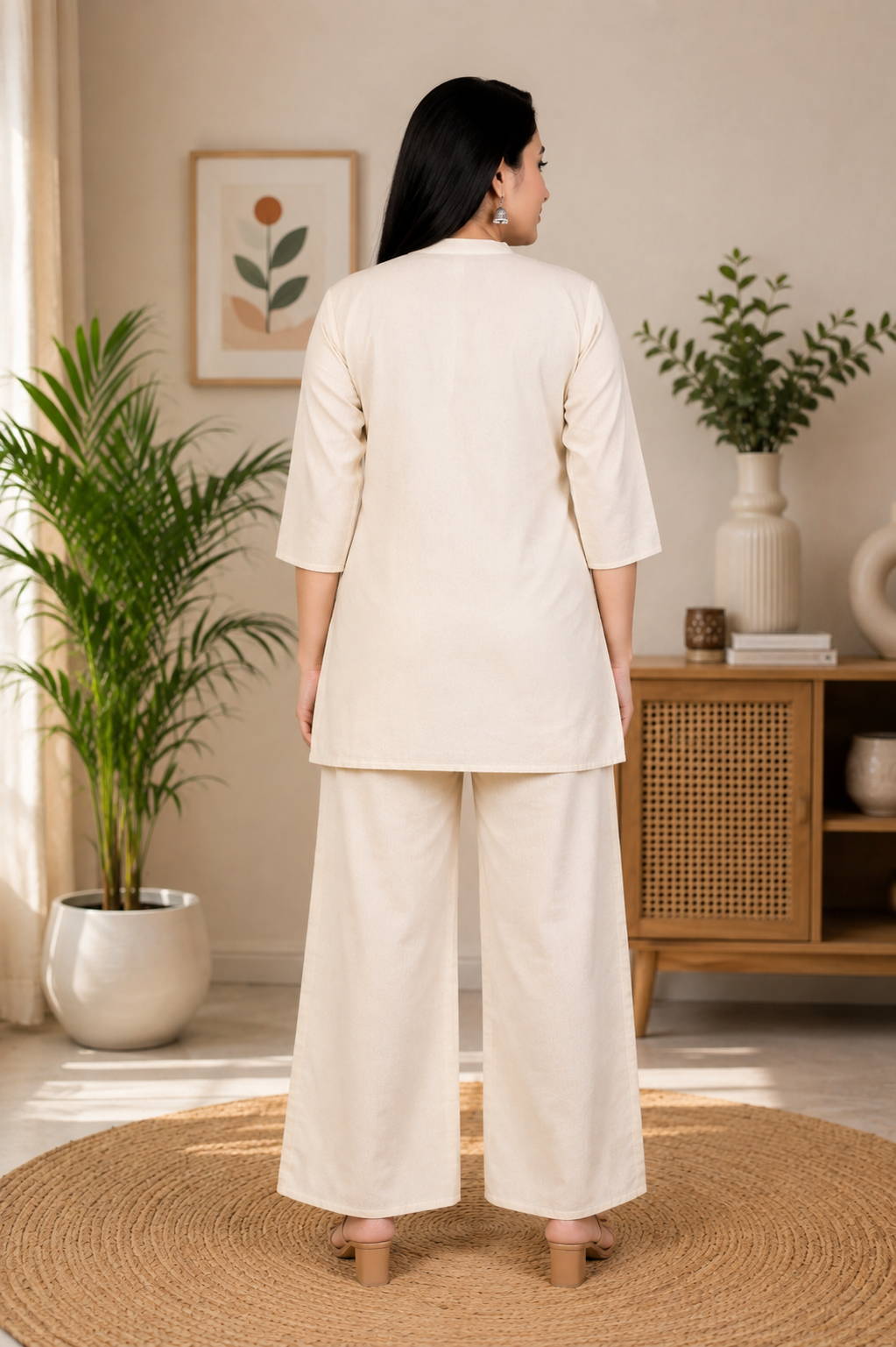 Women’s Cotton Flex Embroidered Co-Ord Set – Cream
