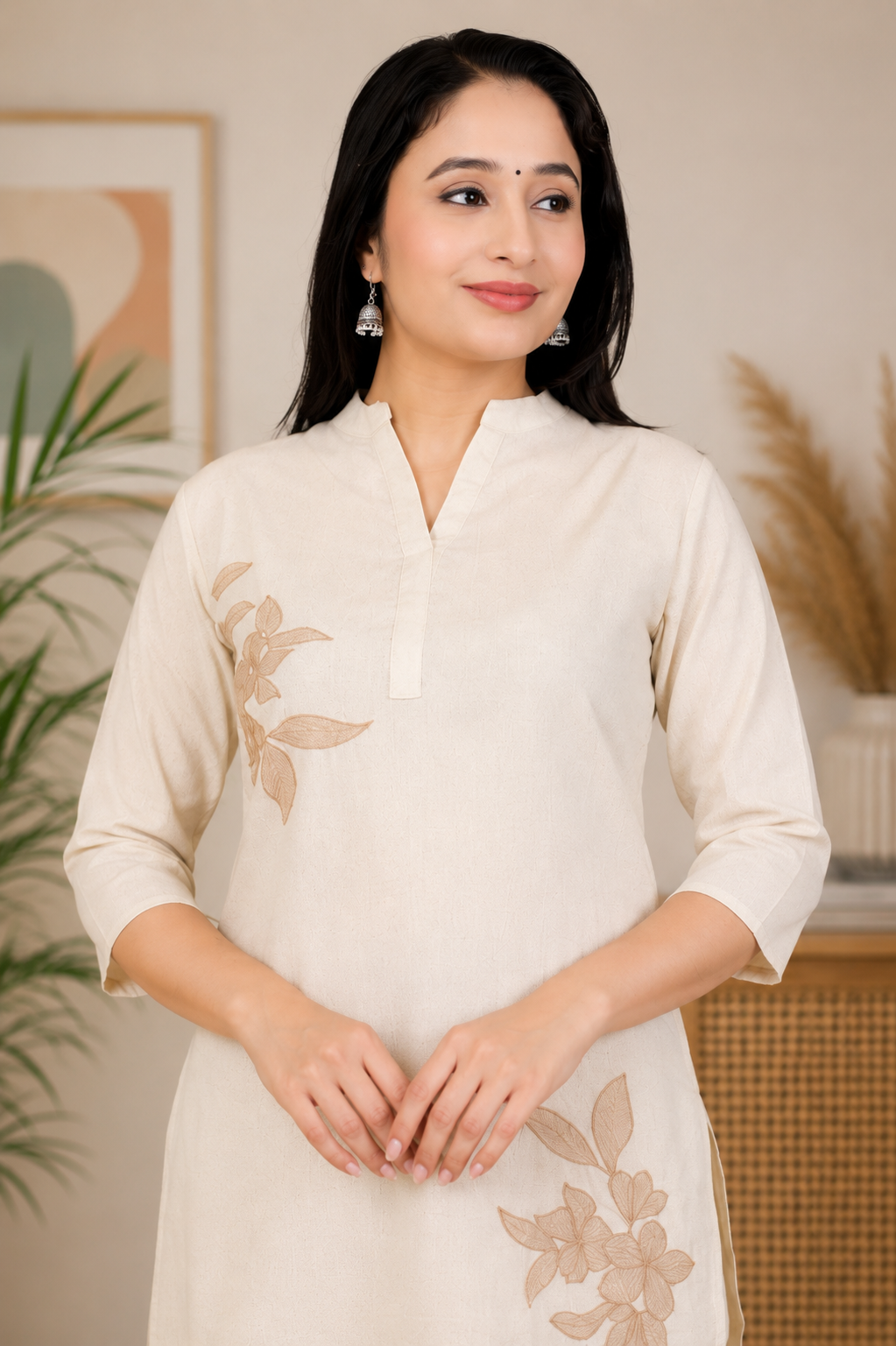 Women’s Cotton Flex Embroidered Co-Ord Set – Cream