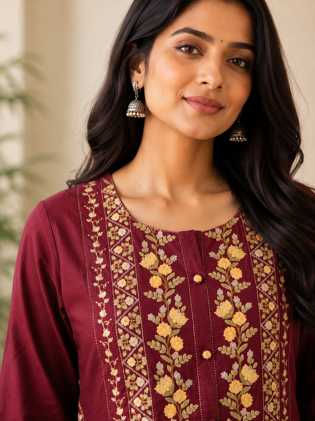 Wine Bloom Rayon Embroidered Flared Kurta