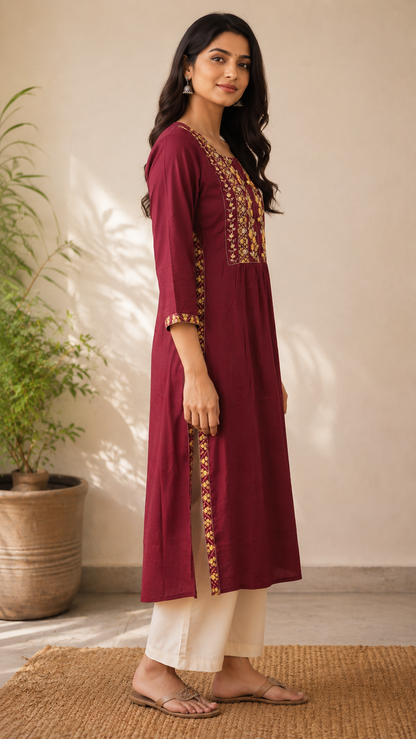 Wine Bloom Rayon Embroidered Flared Kurta