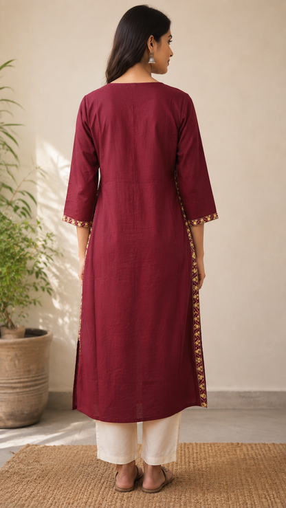 Wine Bloom Rayon Embroidered Flared Kurta