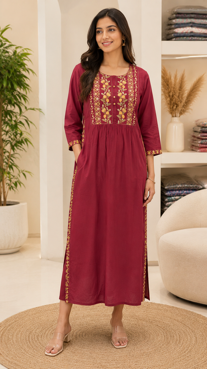 Wine Bloom Rayon Embroidered Flared Kurta