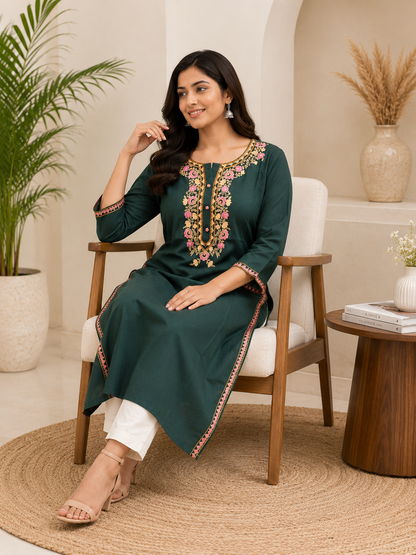 Emerald Bloom Rayon Embroidered Straight Kurta