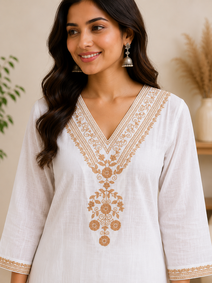Ivory Grace Rayon Embroidered V-Neck Kurta