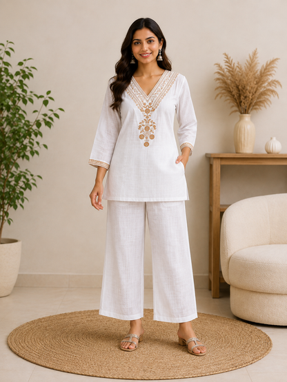 Ivory Grace Rayon Embroidered V-Neck Kurta