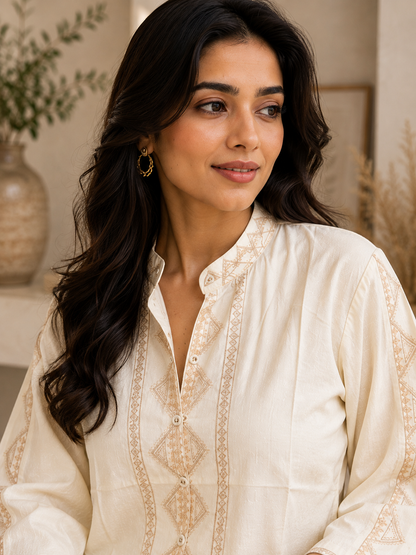 Ivory Charm Rayon Embroidered Flared Kurta