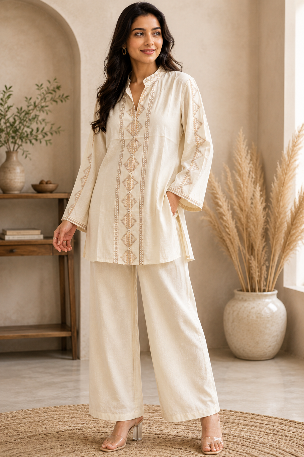 Ivory Charm Rayon Embroidered Flared Kurta