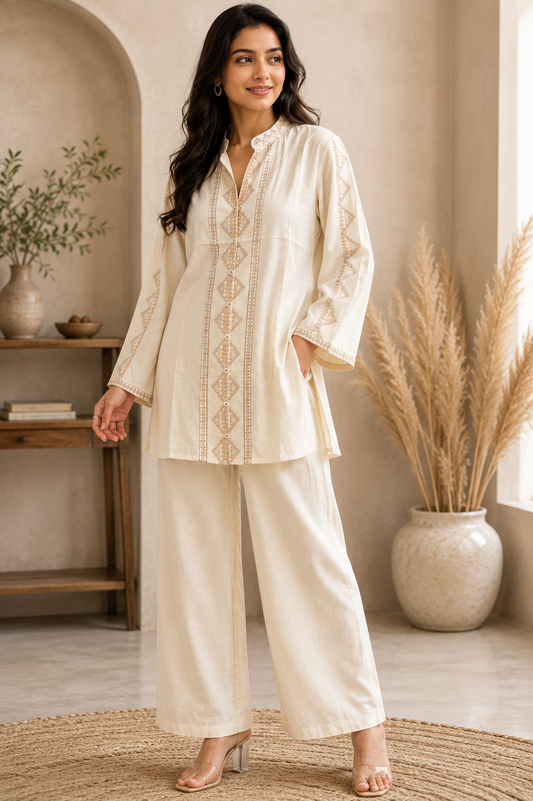 Ivory Charm Rayon Embroidered Flared Kurta