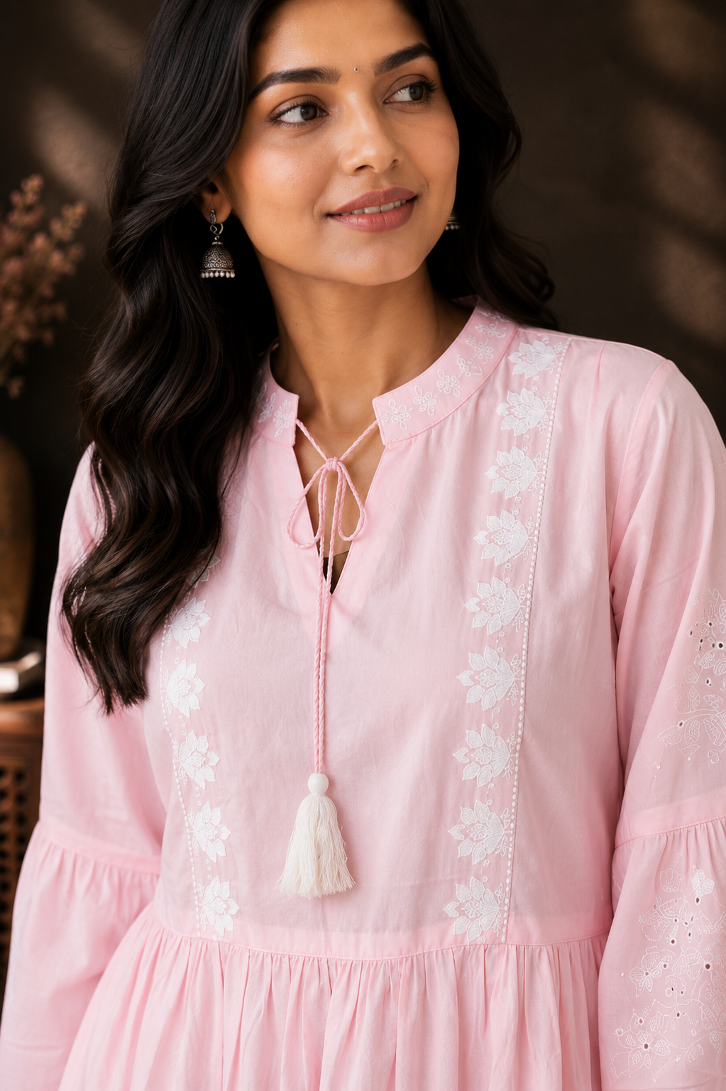 Blush Pink Rayon Embroidered Flared Kurta