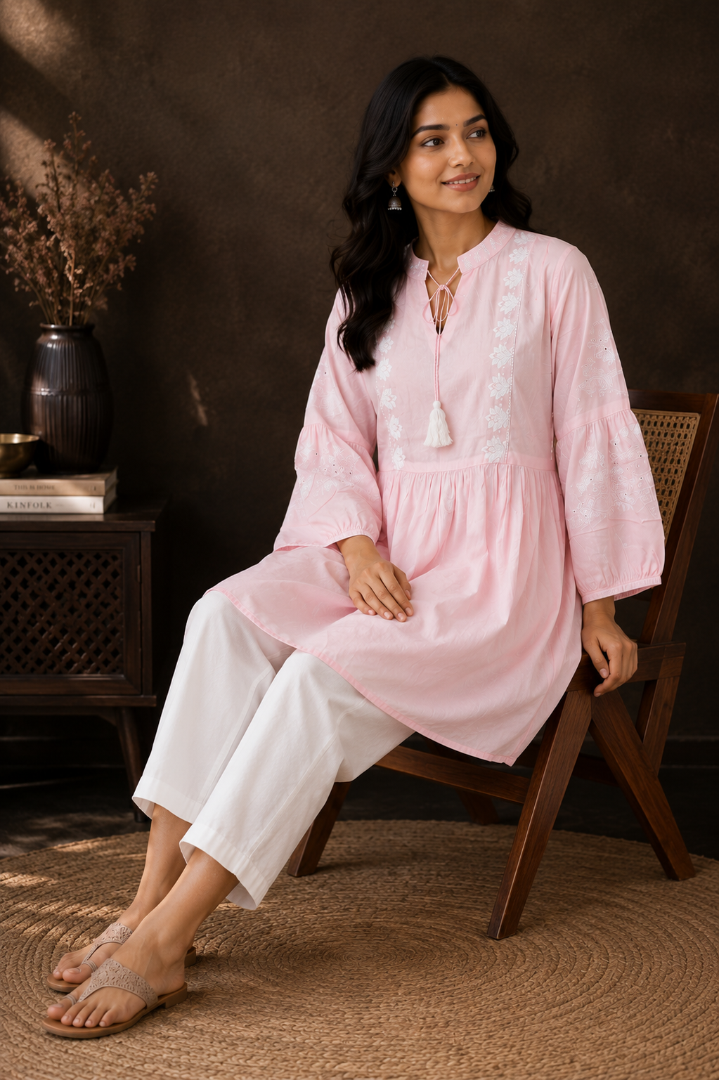Blush Pink Rayon Embroidered Flared Kurta