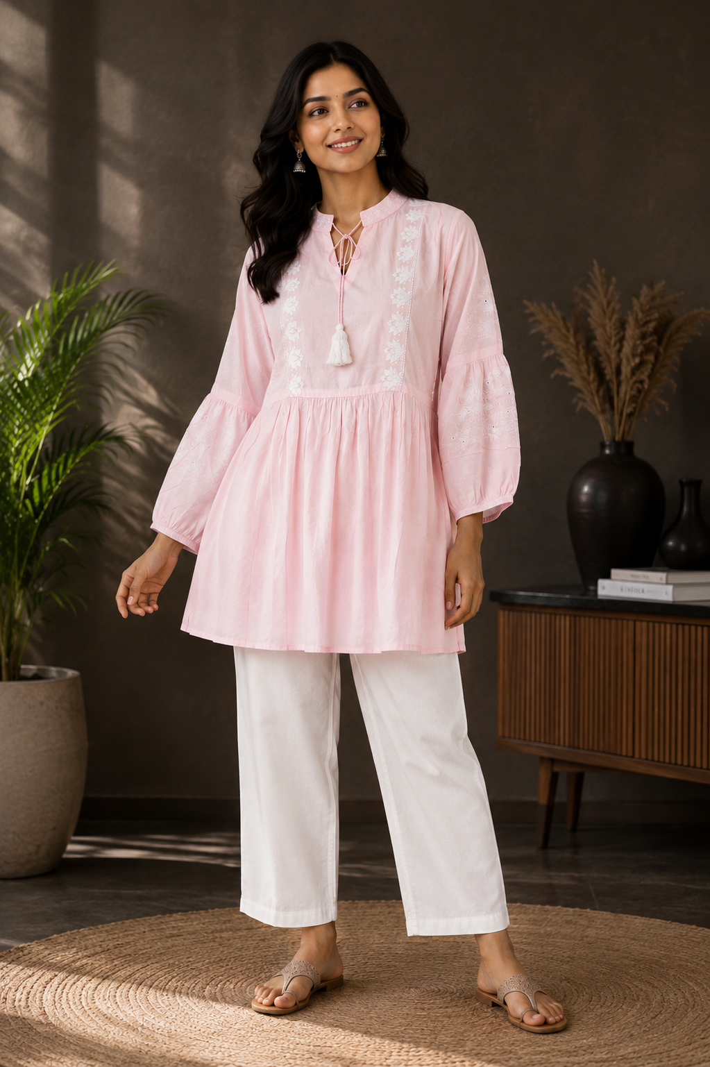 Blush Pink Rayon Embroidered Flared Kurta