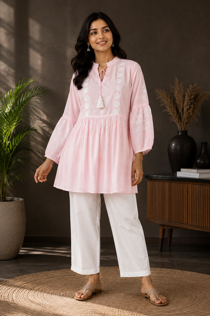 Blush Pink Rayon Embroidered Flared Kurta