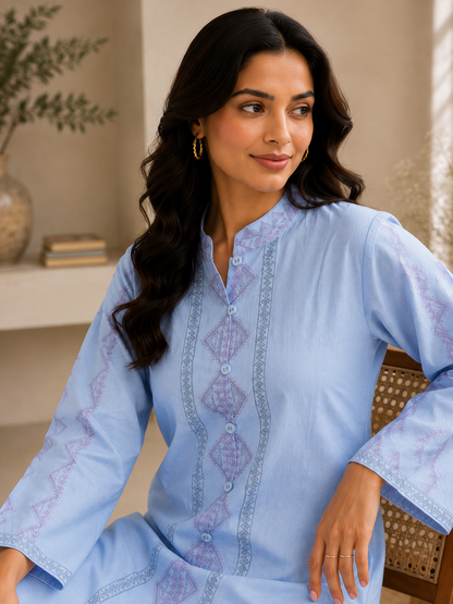 Sky Blue Rayon Embroidered Button-Down Kurta