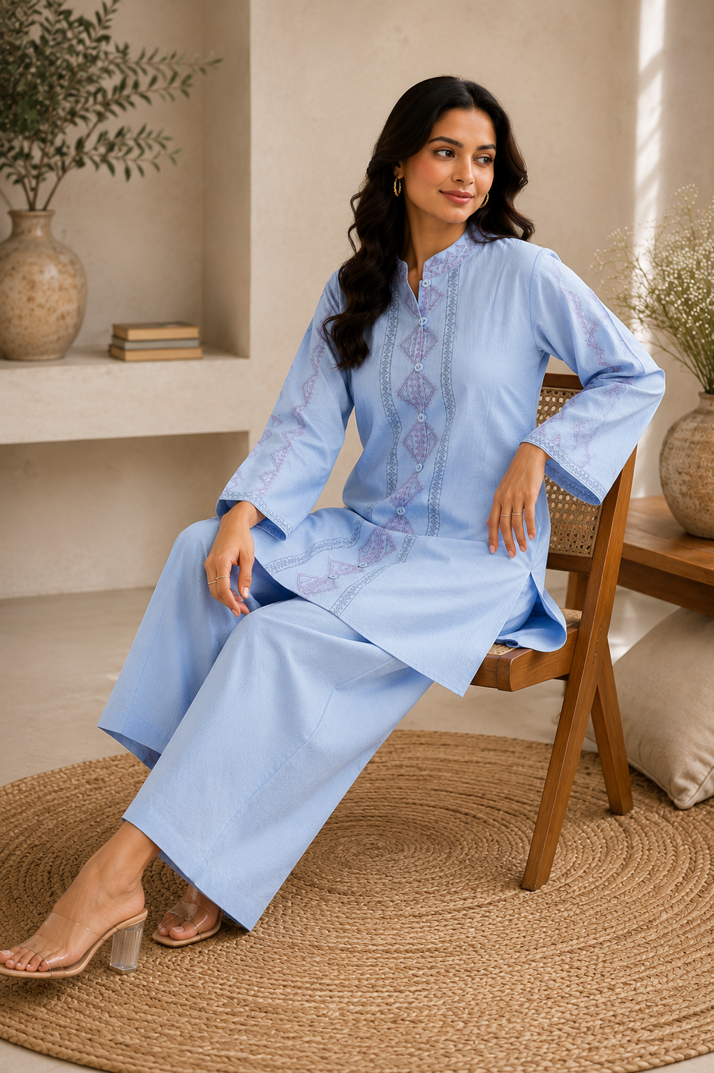 Sky Blue Rayon Embroidered Button-Down Kurta